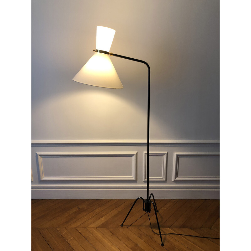 Vintage black metal and brass floor lamp by diabolo Lunel, 1950