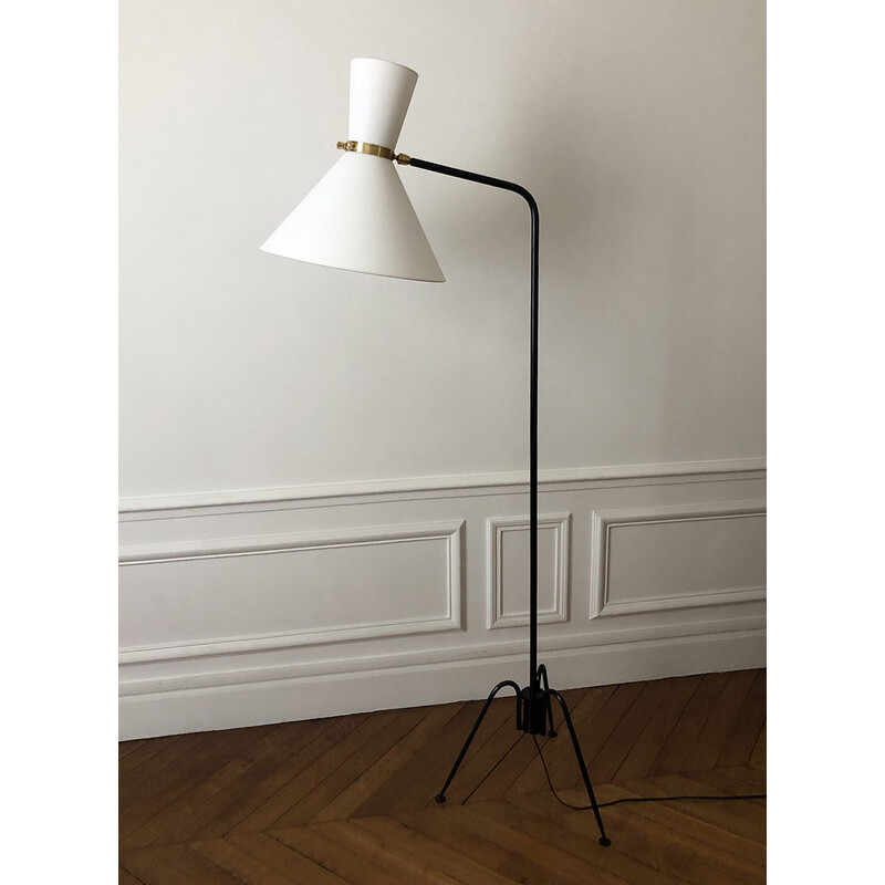 Vintage black metal and brass floor lamp by diabolo Lunel, 1950