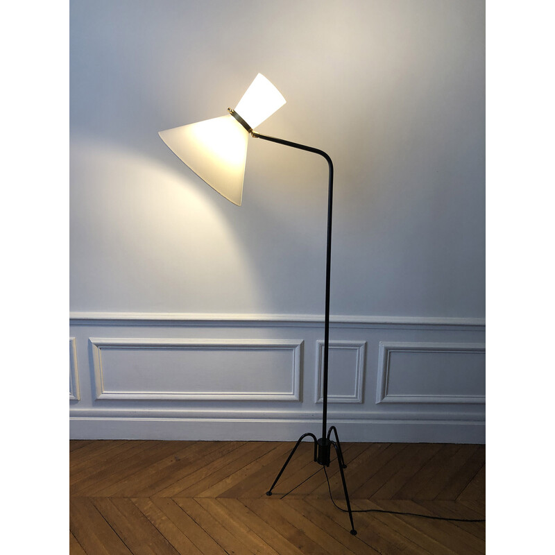 Vintage black metal and brass floor lamp by diabolo Lunel, 1950