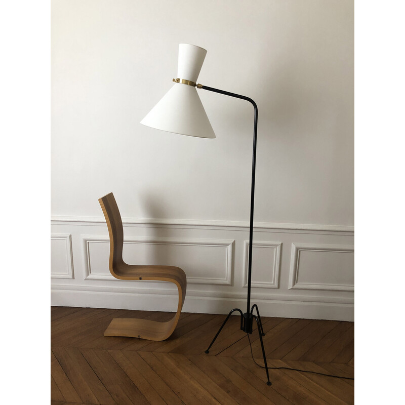 Vintage black metal and brass floor lamp by diabolo Lunel, 1950