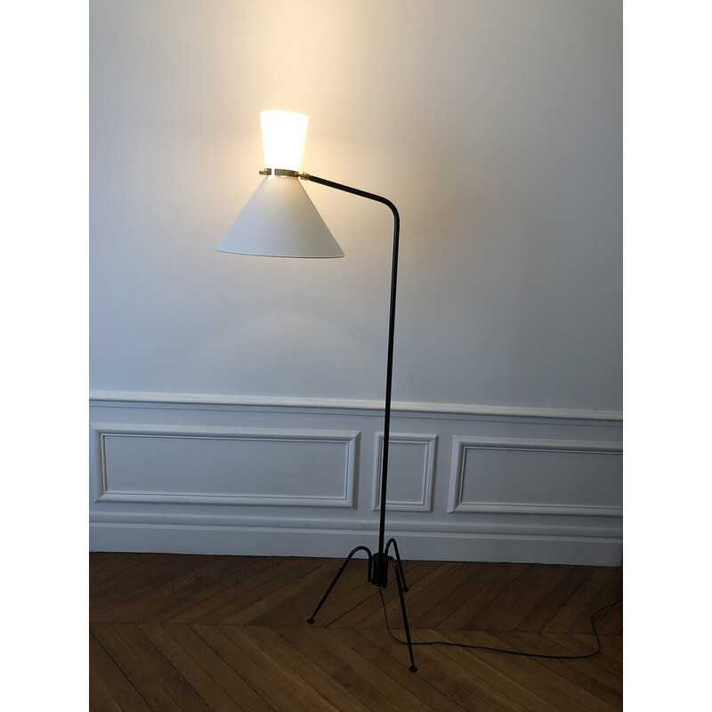 Vintage black metal and brass floor lamp by diabolo Lunel, 1950