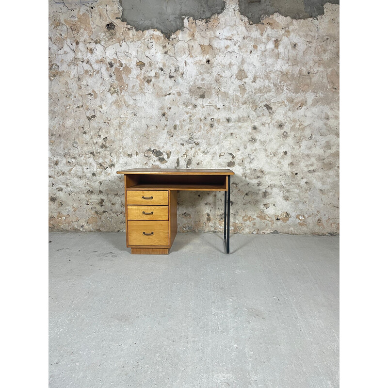 Vintage bureau in eikenhout en metaal, 1950