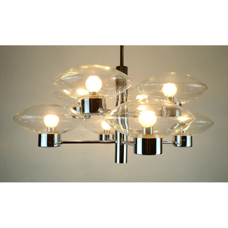 Vintage chandelier in chromed metal and glass by Kaiser-Leuchten, 1970