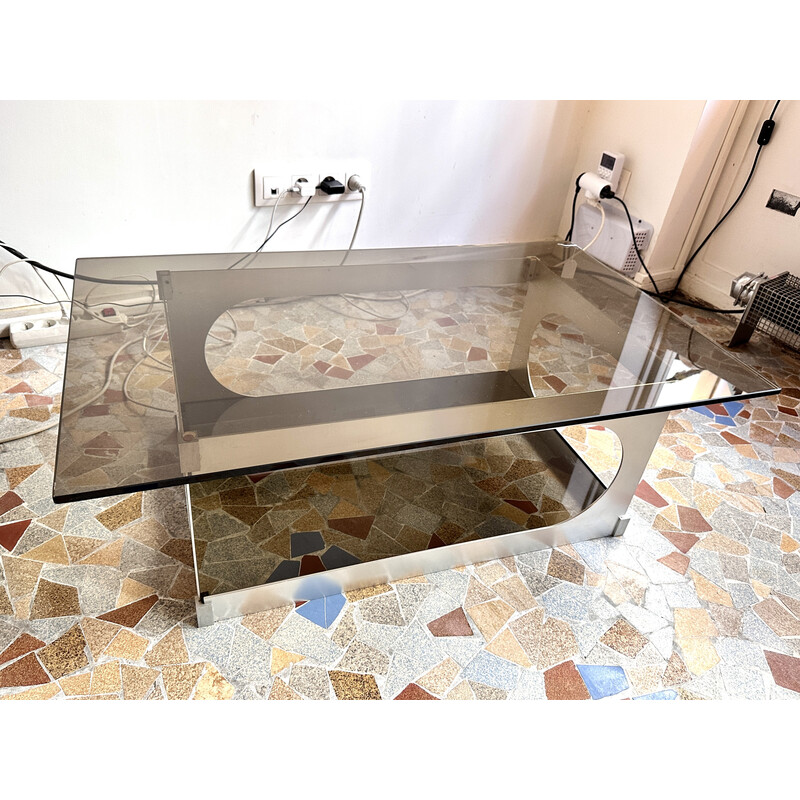 Vintage coffee table in brushed aluminium and glass, 1970