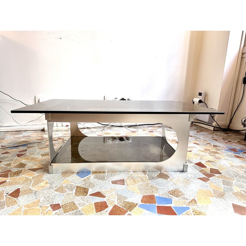 Vintage coffee table in brushed aluminium and glass, 1970