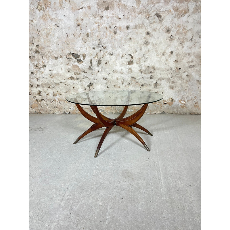 Table basse Spider leg vintage en verre et en teck, 1960