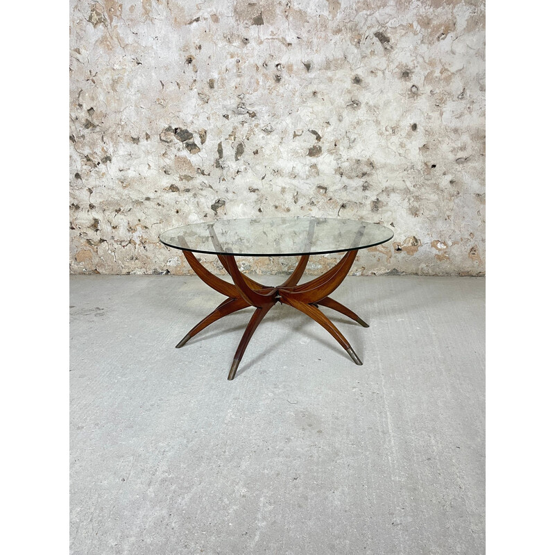 Vintage Spider leg coffee table in glass and teak, 1960