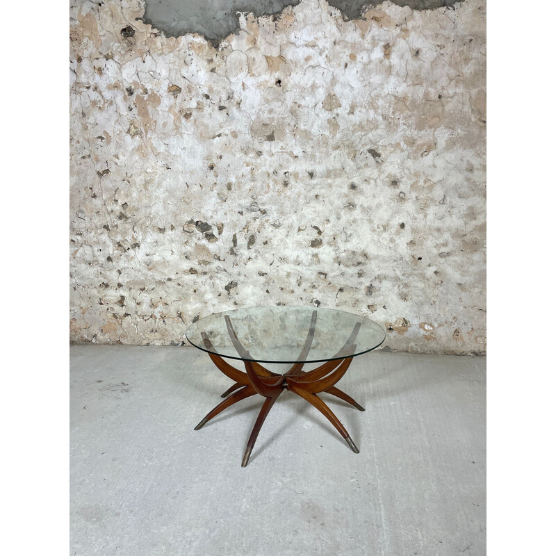 Vintage Spider leg coffee table in glass and teak, 1960