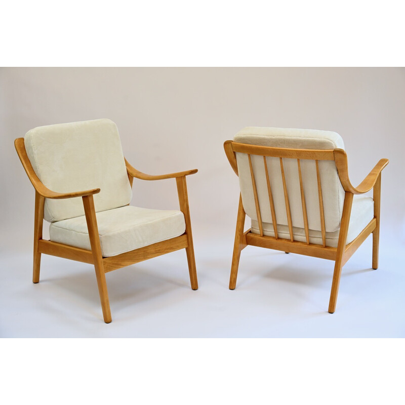 Pair of vintage solid beech armchairs, 1950