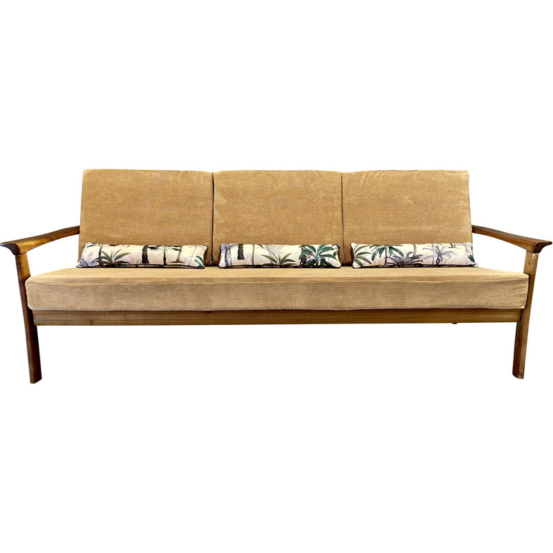 Scandinavian vintage 3 seater sofa in teak and velvet, 1950