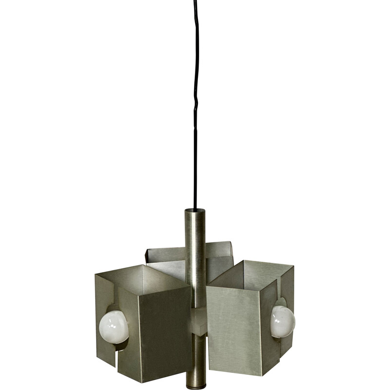 Vintage brushed steel 3-light chandelier, 1970