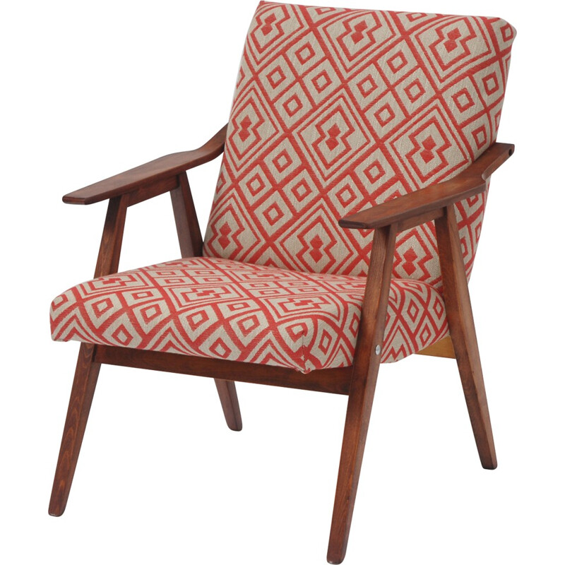 Red diamond-shaped pattern TON armchair - 1960s