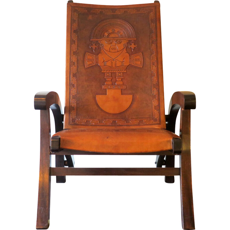 Vintage teak and canvas leather folding armchair by Angel I. Pazmino for Muebles De Estilo, 1970