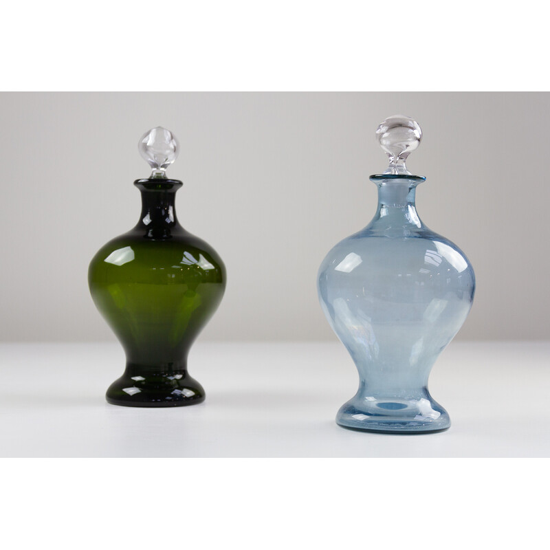 Pair of Danish vintage Art Deco blue and green glass decanters, 1930s