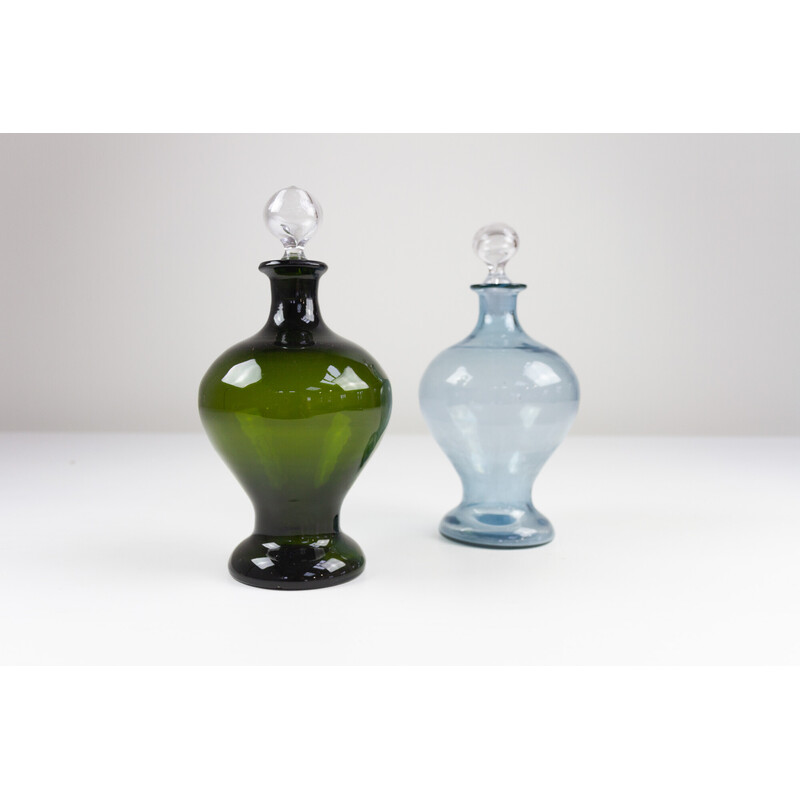 Pair of Danish vintage Art Deco blue and green glass decanters, 1930s