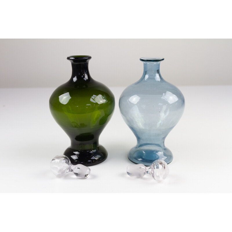 Pair of Danish vintage Art Deco blue and green glass decanters, 1930s