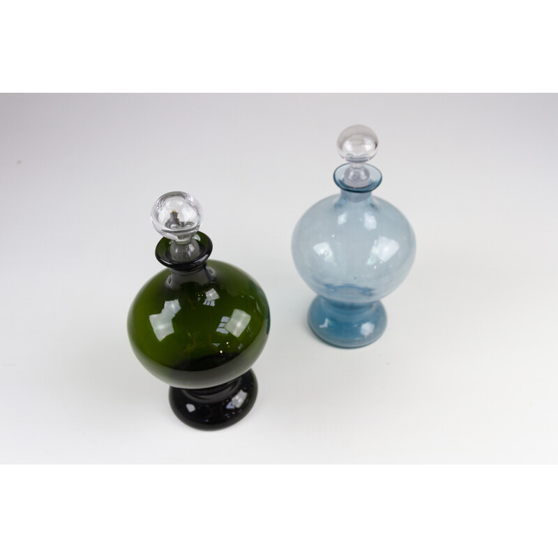 Pair of Danish vintage Art Deco blue and green glass decanters, 1930s