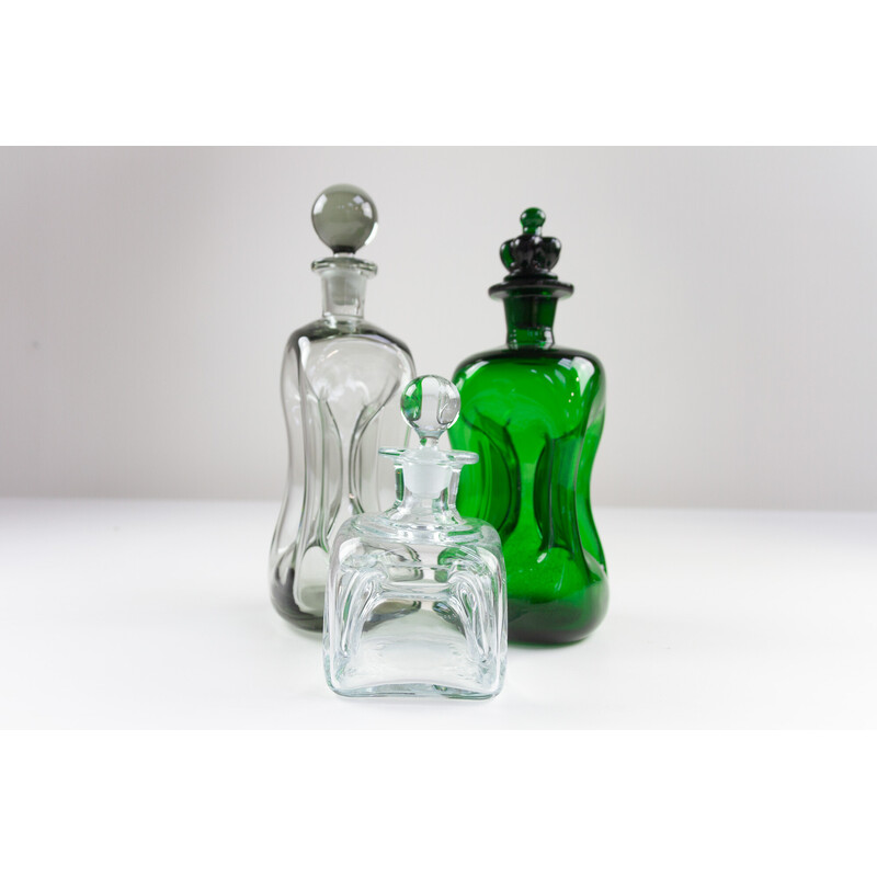 Set of 3 vintage Danish Kluk Kluk decanters by Holmegaard, 1960s