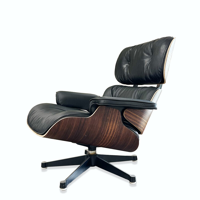Sedia vintage ES670 in palissandro e pelle nera di Herman Miller Eames per Vitra