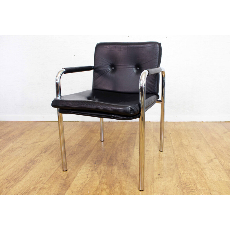 Set of 4 vintage leather and tubular steel armchairs, 1970