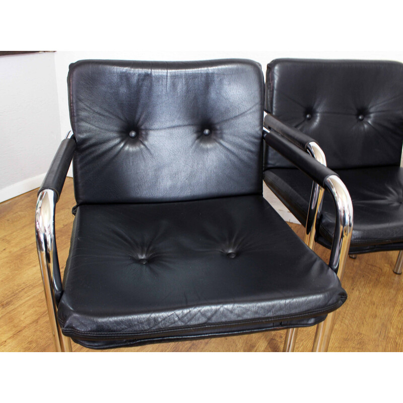 Set of 4 vintage leather and tubular steel armchairs, 1970