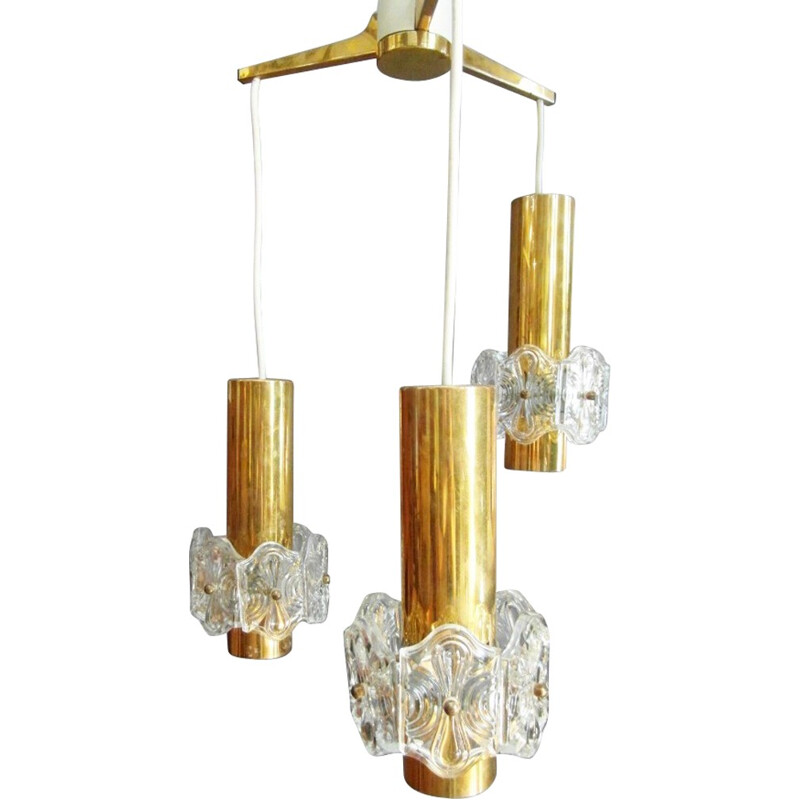 Vintage adjustable Kinkeldey 3-spotlight hanging lamp in gold brass and crystal, 1970