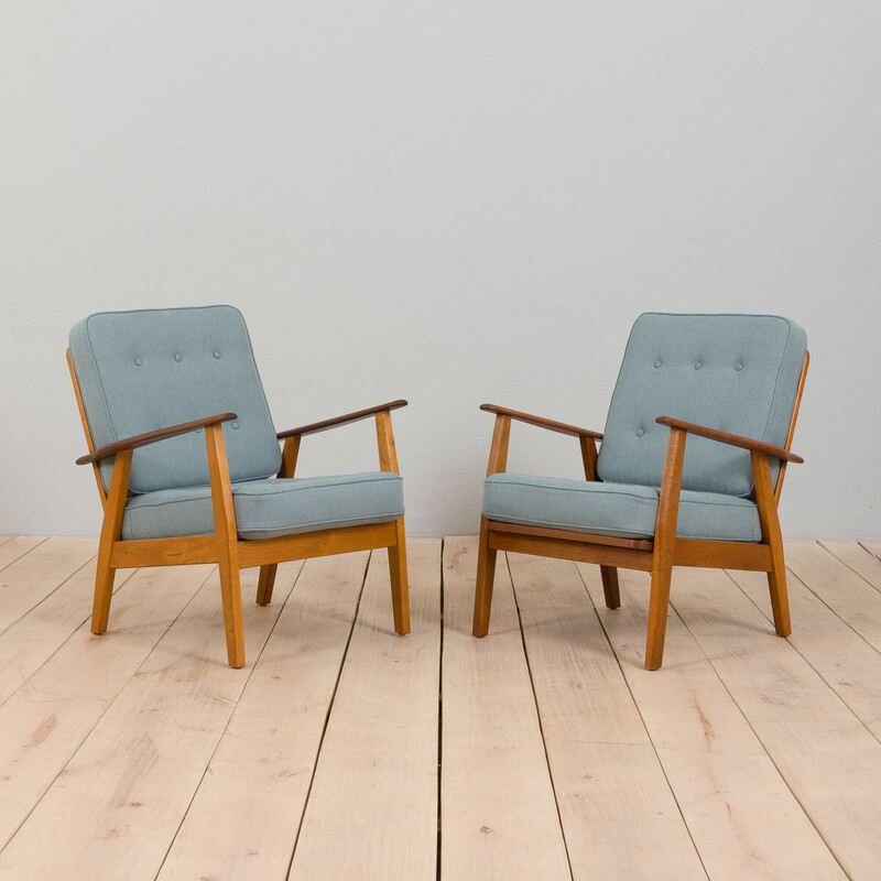 Paar vintage teak en eikenhouten fauteuils van Hans Wegner, Denemarken 1960