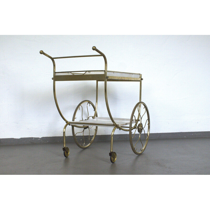 Tea serving trolley with two levels in perforated metal and brass- 1950s