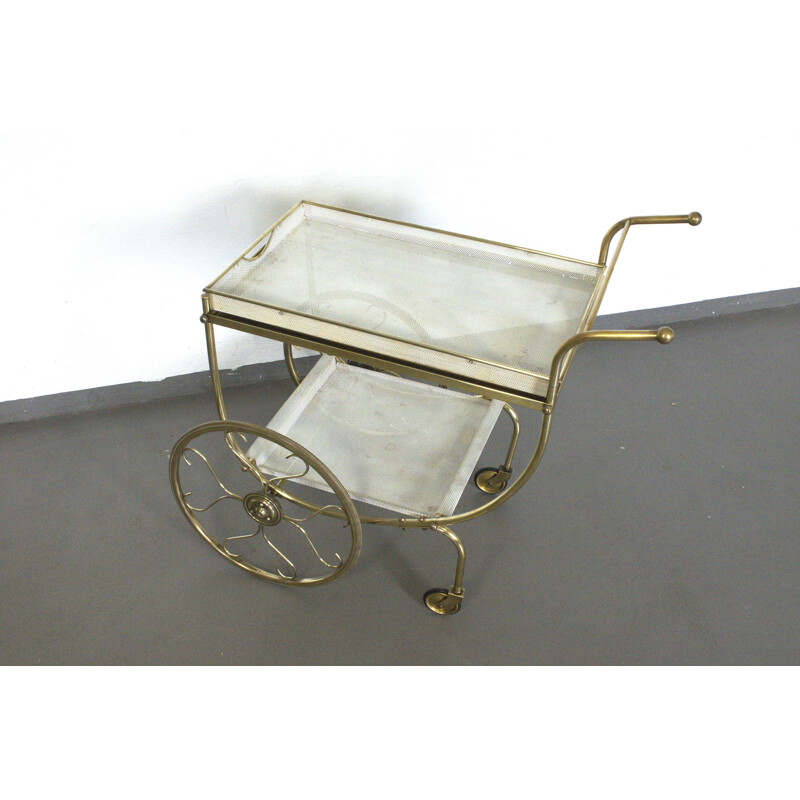 Tea serving trolley with two levels in perforated metal and brass- 1950s