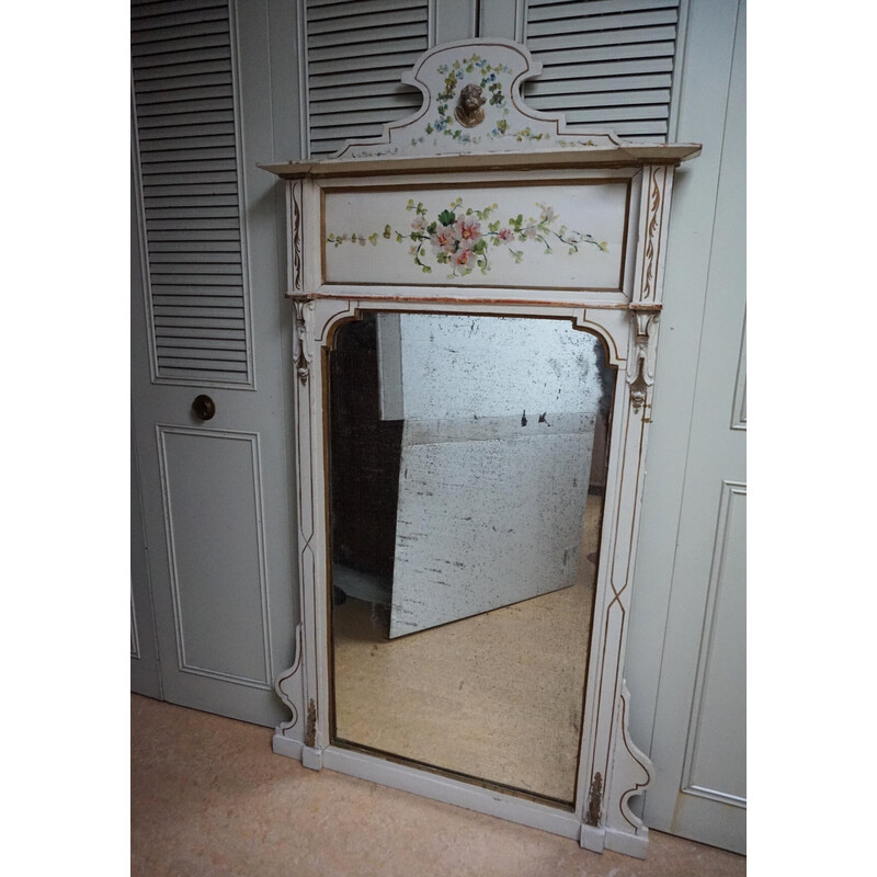 Italian vintage hand-painted console table with mirror in floral painting, 1920s