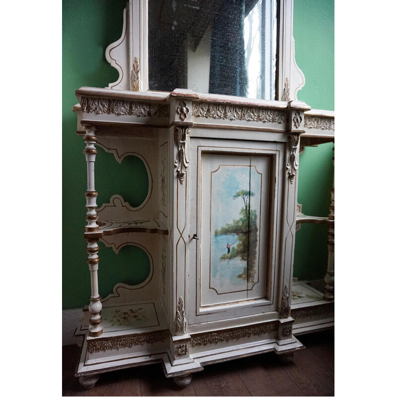 Italian vintage hand-painted console table with mirror in floral painting, 1920s