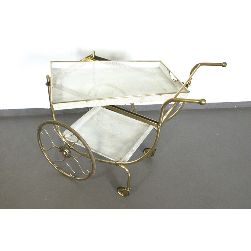 Tea serving trolley with two levels in perforated metal and brass- 1950s