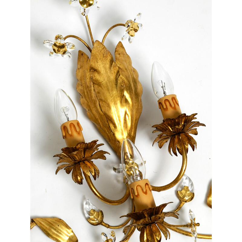 Par de candeeiros de parede vintage em vidro Murano floral italiano banhado a ouro, 1980
