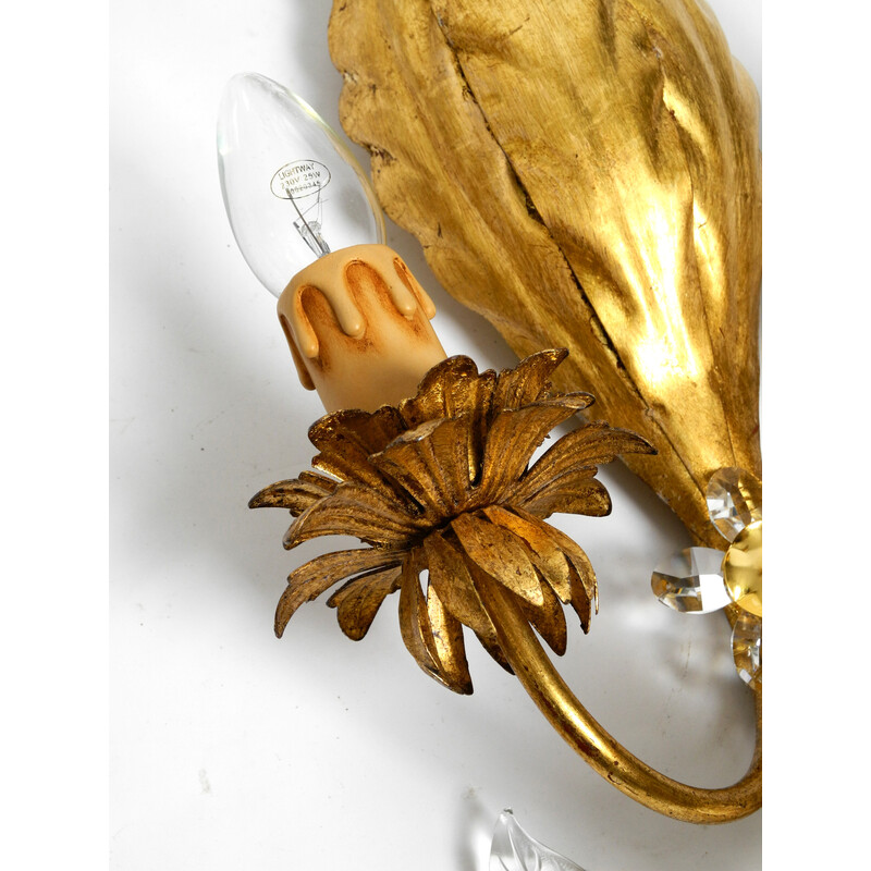 Pair of vintage gold plated Italian floral Murano glass wall lamps, 1980