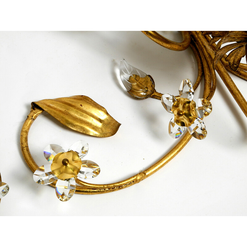Par de candeeiros de parede vintage em vidro Murano floral italiano banhado a ouro, 1980
