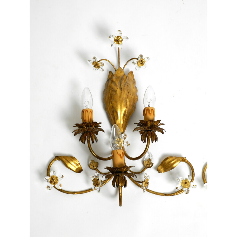 Pair of vintage gold plated Italian floral Murano glass wall lamps, 1980