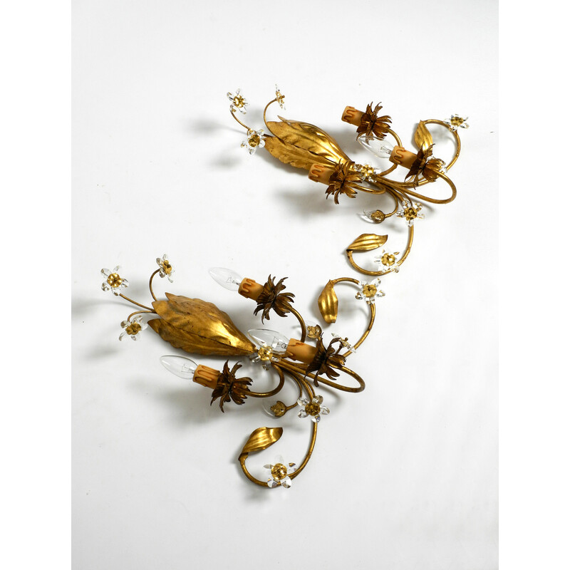 Pareja de apliques florales italianos de cristal de Murano bañados en oro, 1980