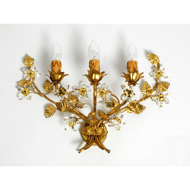 Vintage Italian gilt Florentine wall lamp with three sockets, 1980s