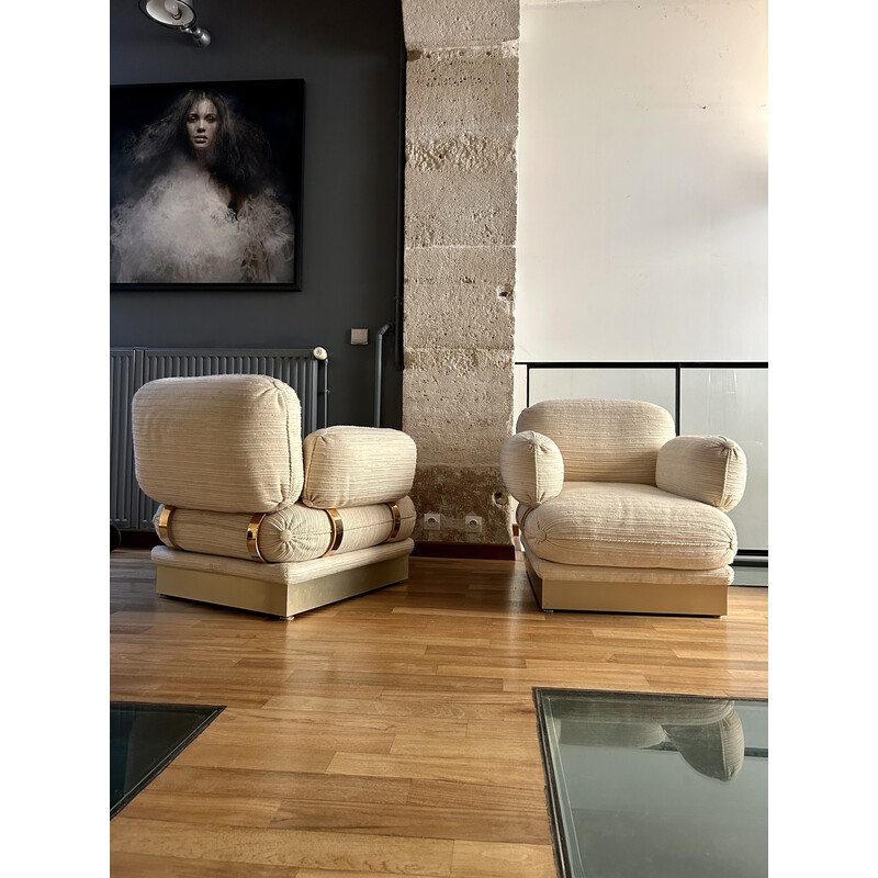 Pair of vintage "Régine" armchairs in brass and beige wool by Robert and Roger Thibier, France 1978