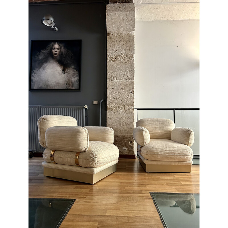 Pair of vintage "Régine" armchairs in brass and beige wool by Robert and Roger Thibier, France 1978