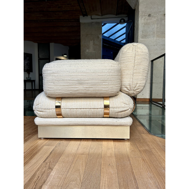 Paire de fauteuils vintage « Régine » en laiton et laine beige par Robert et Roger Thibier, France 1978