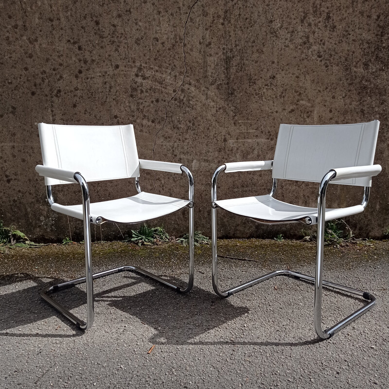 Pair of vintage armchairs in white leather and chrome, 1980