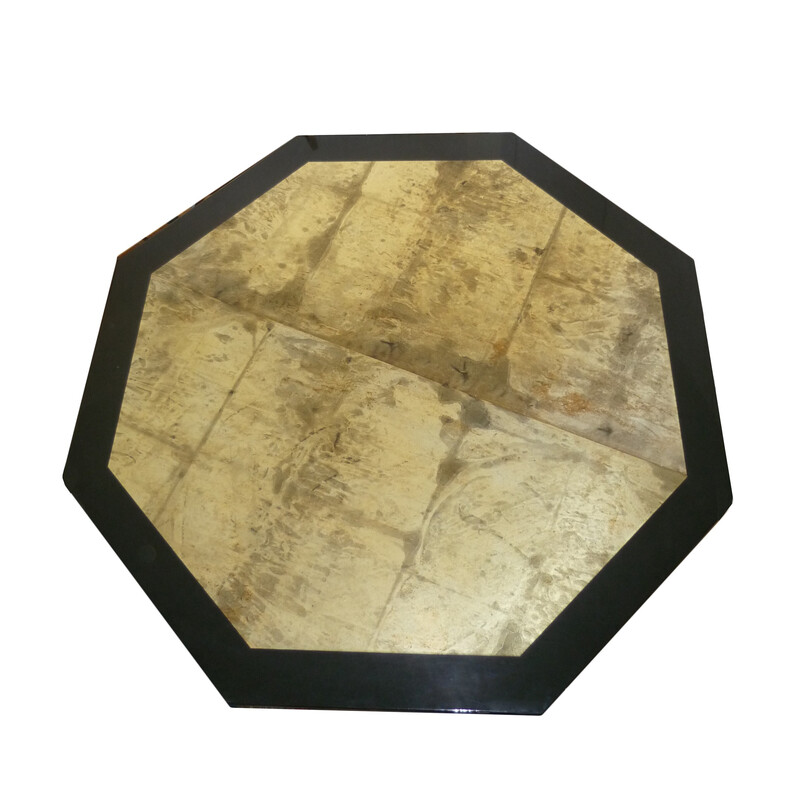 Black and gold lacquered hexagonal vintage table by Jean-Claude Mahey, 1970