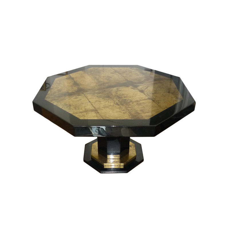 Black and gold lacquered hexagonal vintage table by Jean-Claude Mahey, 1970