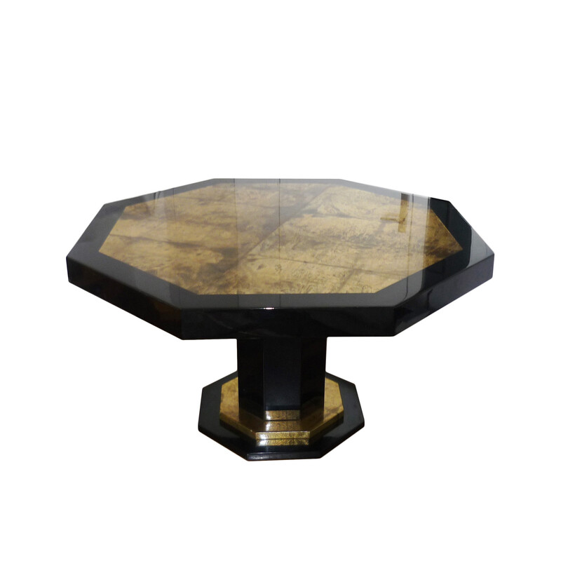 Black and gold lacquered hexagonal vintage table by Jean-Claude Mahey, 1970