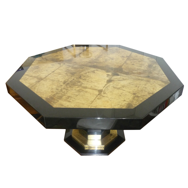 Table vintage hexagonale laquée noire et doré de Jean-Claude Mahey, 1970