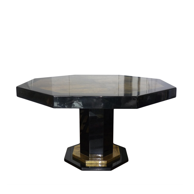Black and gold lacquered hexagonal vintage table by Jean-Claude Mahey, 1970