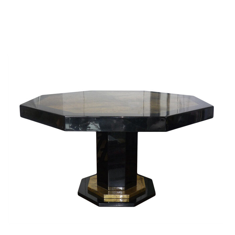 Table vintage hexagonale laquée noire et doré de Jean-Claude Mahey, 1970