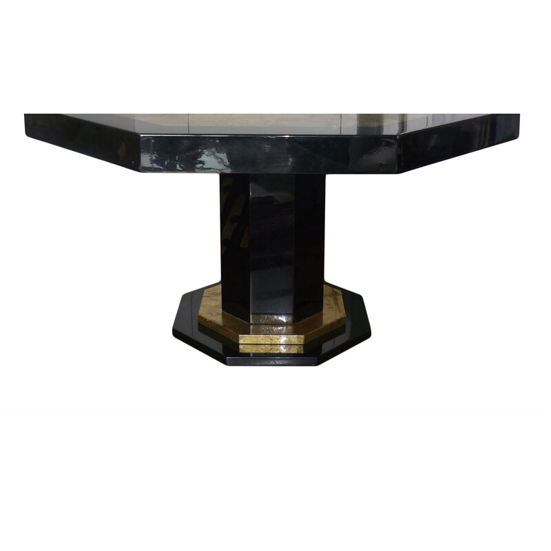 Black and gold lacquered hexagonal vintage table by Jean-Claude Mahey, 1970