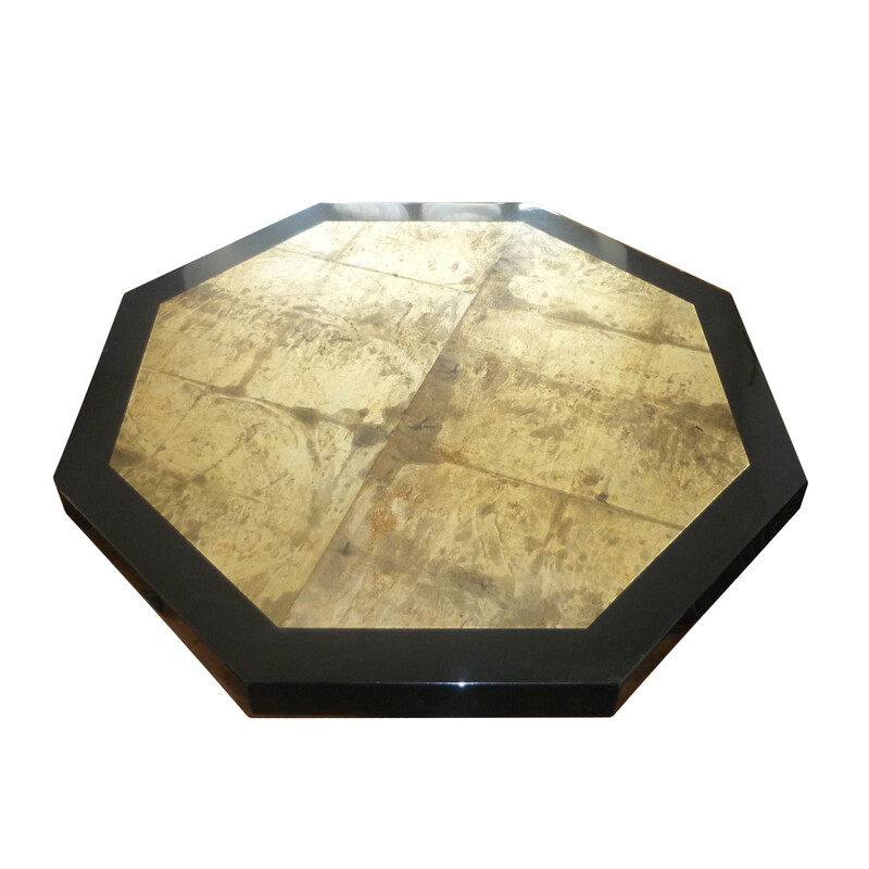 Black and gold lacquered hexagonal vintage table by Jean-Claude Mahey, 1970